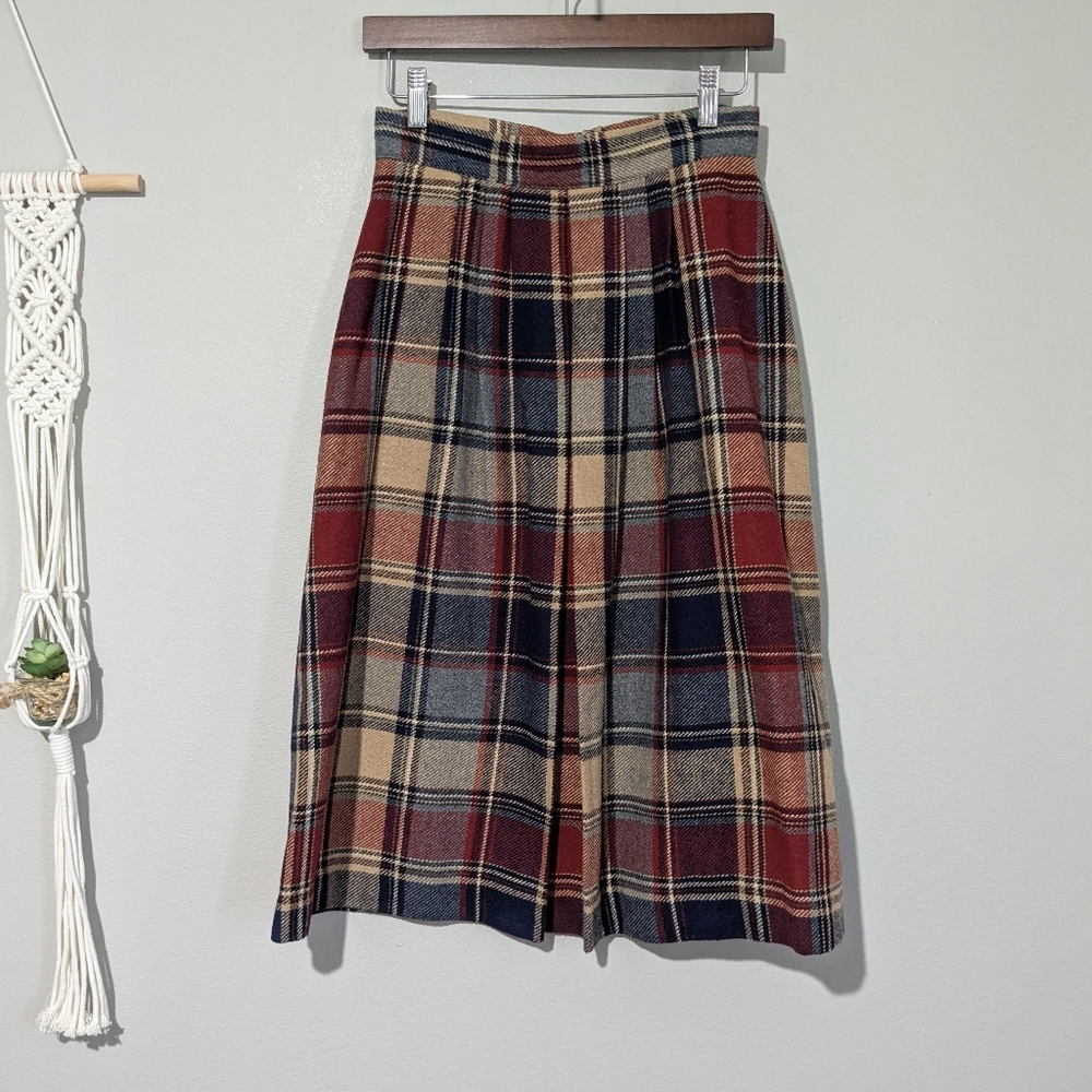 Vintage Buffalo Plaid Check Knee Length Pleated Wool Midi Skirt 12 Felt Thick